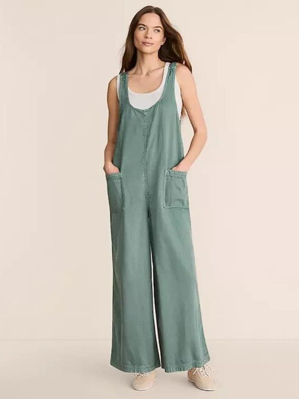 LOU & GREY Women's Washed Twill Wide Leg Jumpsuit Size XS in Green